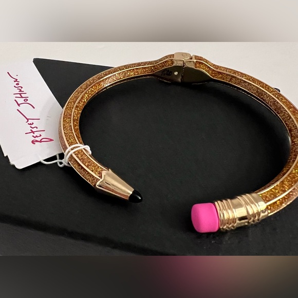 New BETSEY Johnson Gold Glitter Pencil Hinged Cuff Bracelet Back To School - Picture 12 of 16